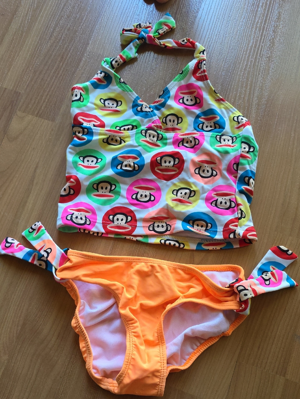 Paul Frank Girls Bright Multi Monkey Print Tankini with Neon Orange Bottoms